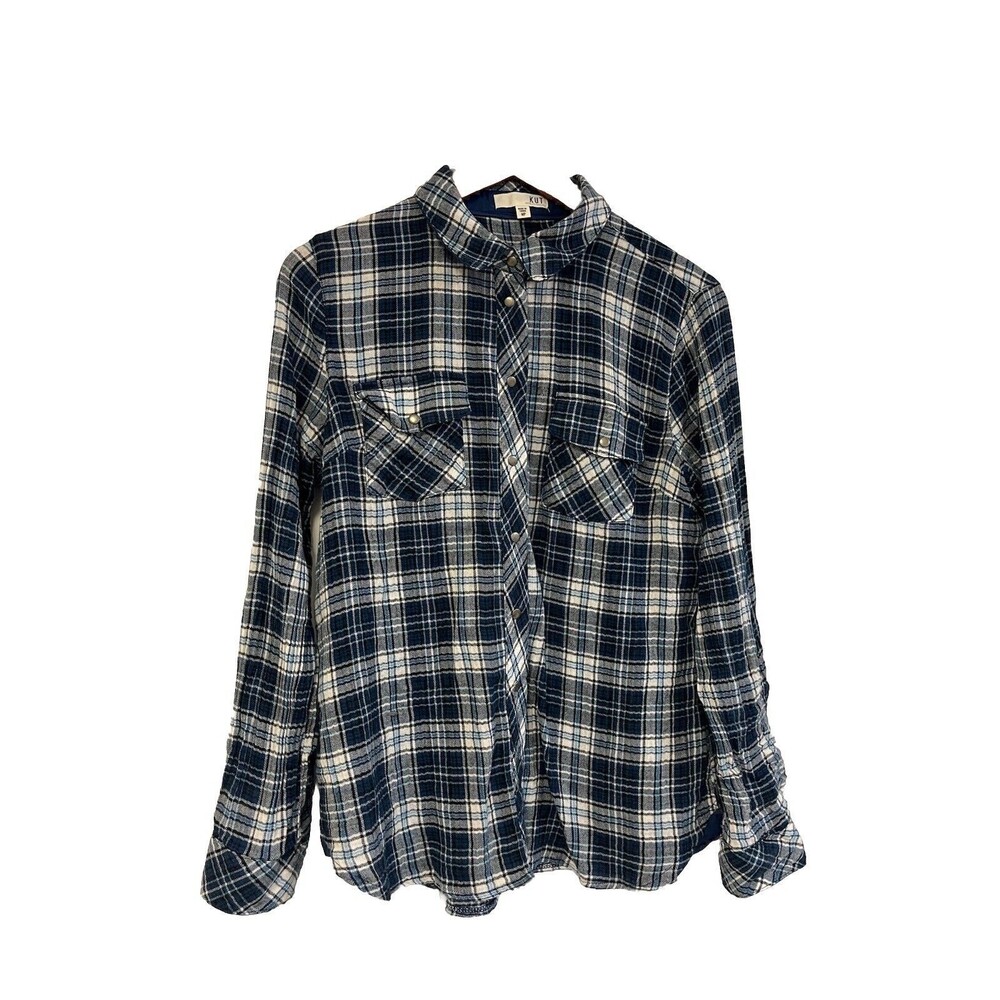 Kut from the Kloth Shirt Womens Medium  Blue Plaid Button Up Snap Long Sleeve‎